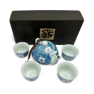 Porcelain TEA SET with Blue and White Floral Design in Box Japanese Vintage